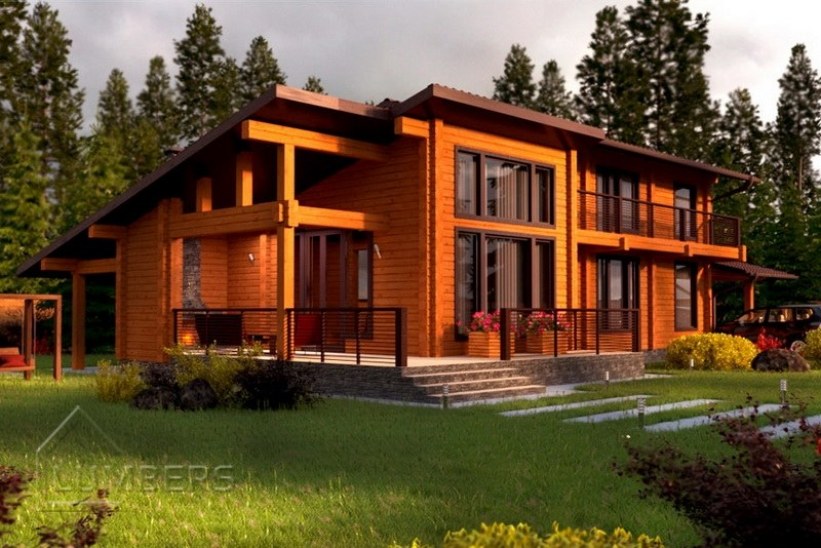 Двухэтажный деревянный дом с плоской крышей